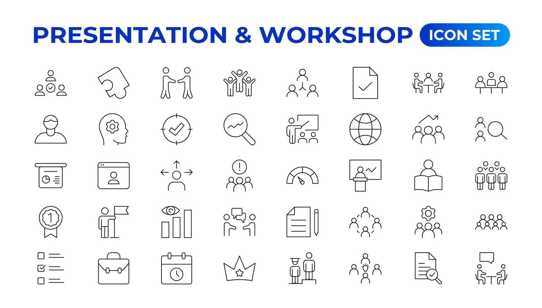 Workshop icon set. Containing team building, collaboration, teamwork, coaching, problem-solving and education icons.Business presentation line icons Presentation, business, seminar, partnership, goals vector