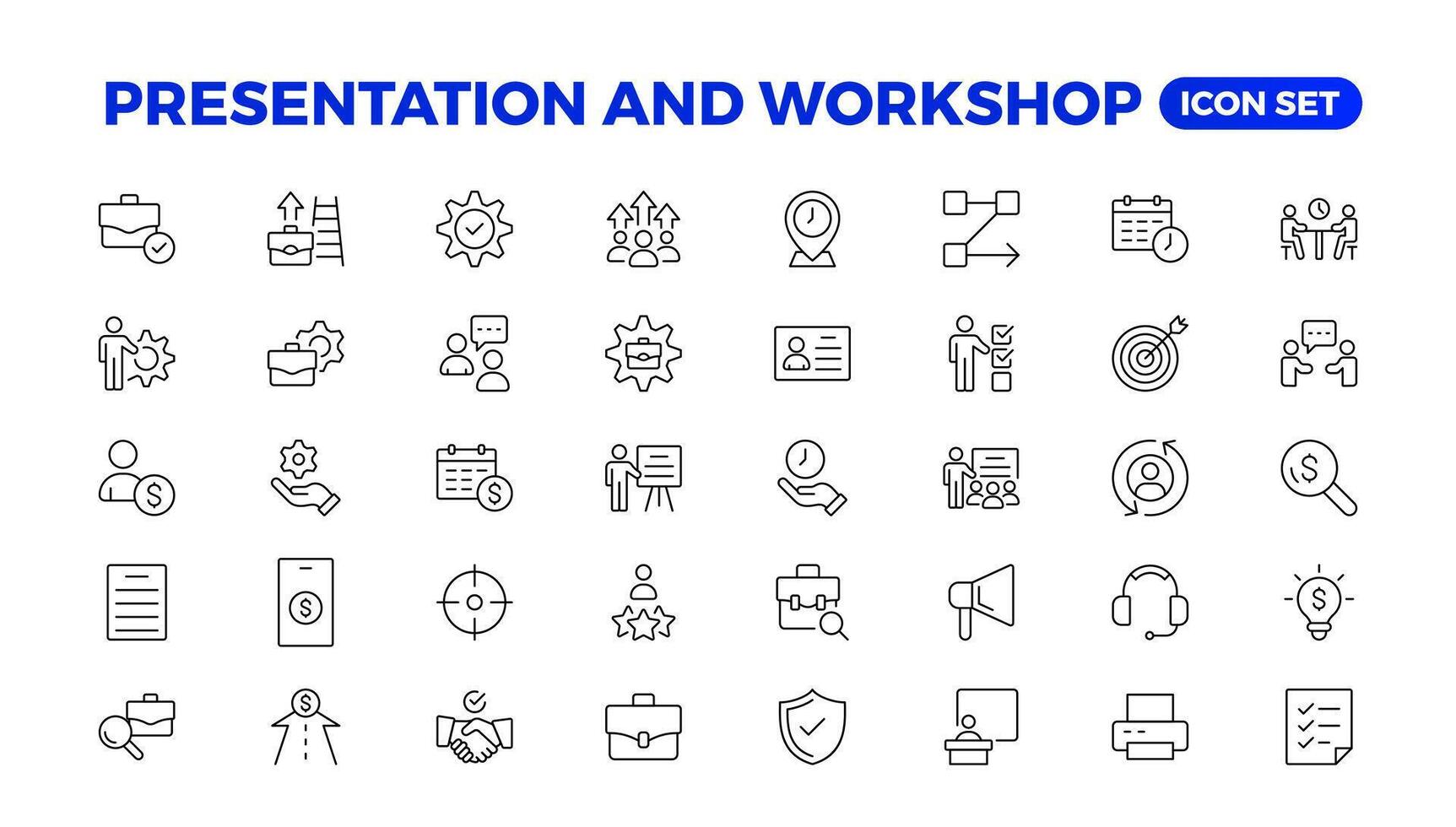 Workshop icon set. Containing team building, collaboration, teamwork, coaching, problem-solving and education icons.Business presentation line icons Presentation, business, seminar, partnership, goals vector