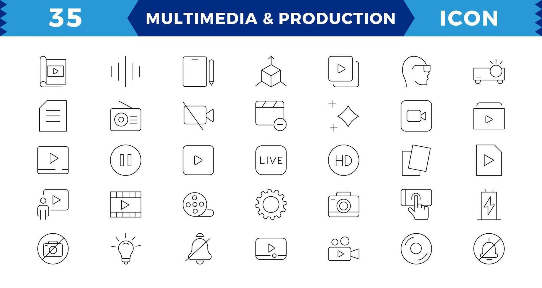 Multimedia and Production icon set. Cinema icon set. Movie sign collection. Set of cinema, movie,, collection film, TV, Outline icon set collection. vector