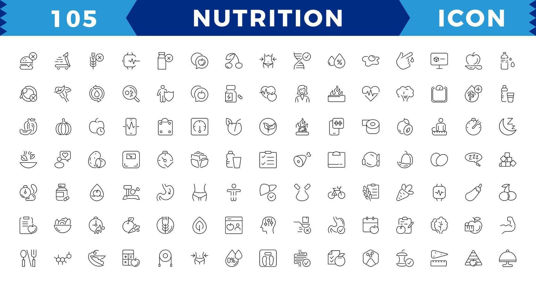 Nutrition and healthy eating icon pack. Collection of thin line icons that support digital navigationNutrition and healthy eating icon pack. vector