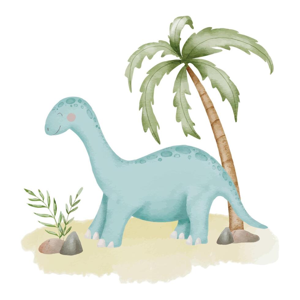 Dinosaur Diplodocus Watercolor illustration. Cute little Dino with palm and sand for Baby shower greeting cards or birthday invitations. Drawing of smiling cartoon character in pastel colors vector
