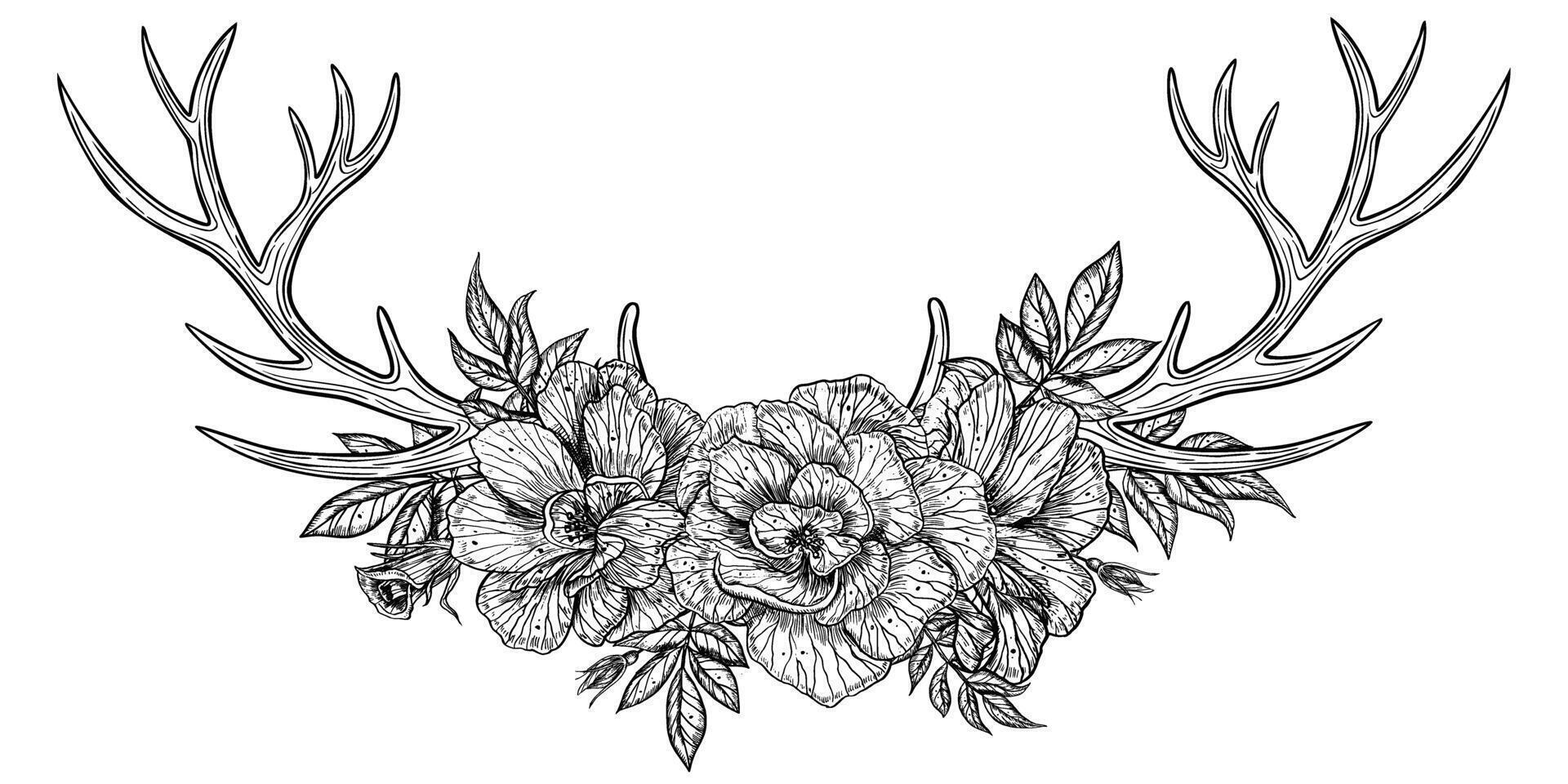 deer Horns with rose flowers. Hand drawn floral linear illustration of Antlers and plants for greeting cards or invitations in boho style. Bohemian drawing with tribal sign in outline style vector