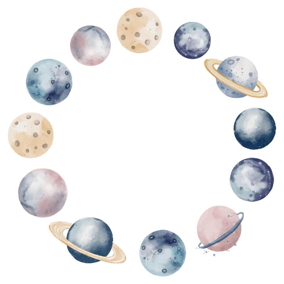 Planet round wreath. Watercolor Space circular Frame on isolated background. Cosmos set for Baby shower greeting cards or birthday invitations in pastel blue and pink colors. vector