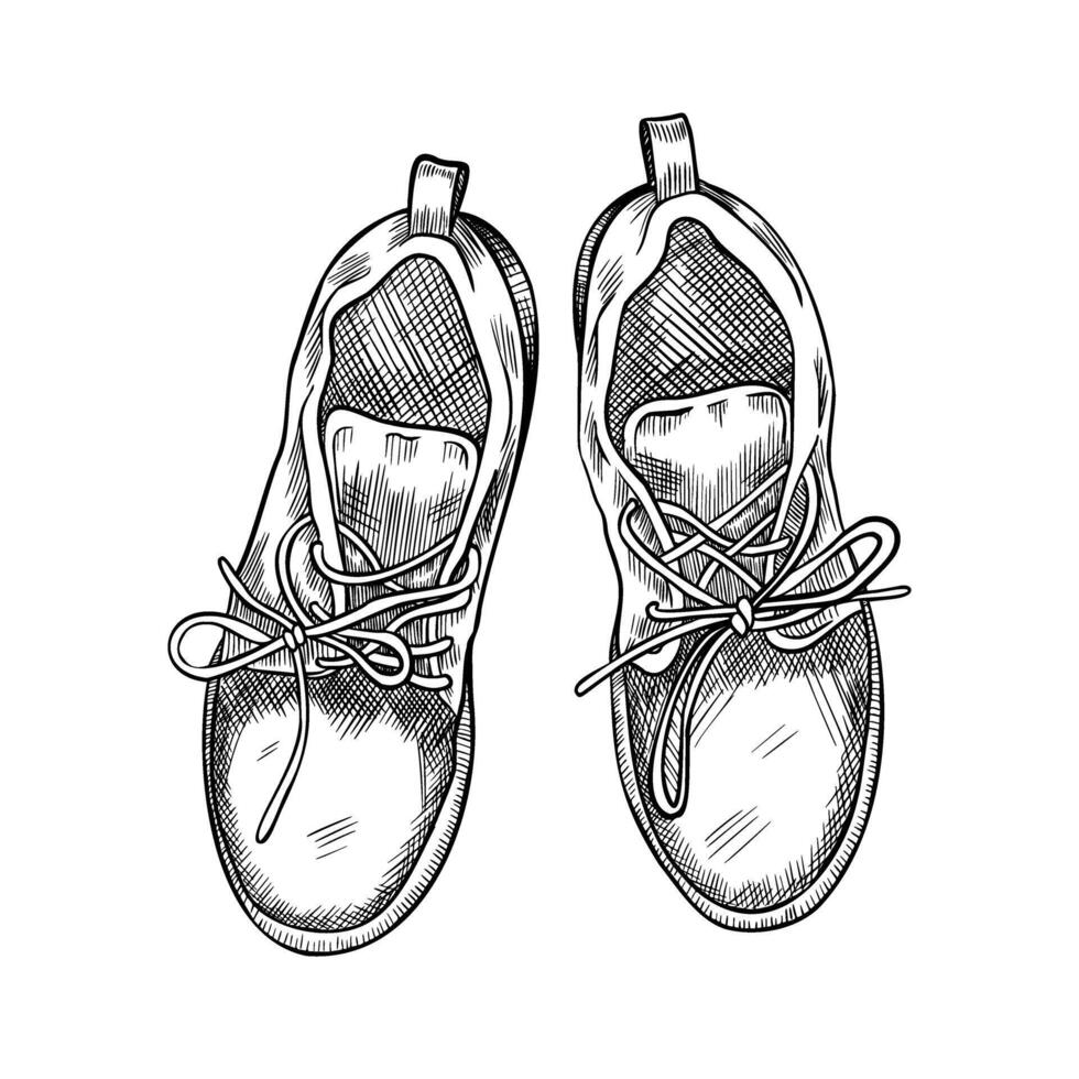 Sneakers for running and Sports. illustration of jogging Shoes on isolated background. Drawing of trainers for icon or in linear style. Sketch of women tennis boots painted by black inks vector