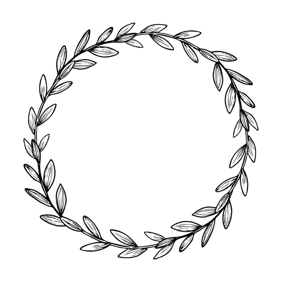Wreath with branch and leaves. Botanical round border on isolated background in linear style painted by black inks. Monochrome circular Frame for wedding invitations or greeting cards vector