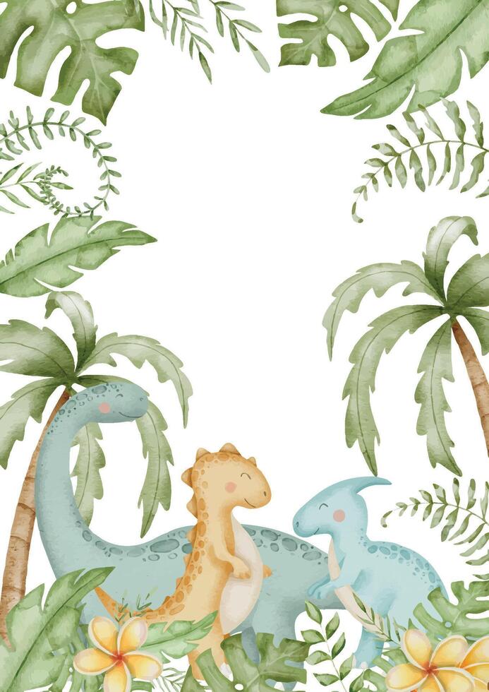 Watercolor Frame with Dinosaurs. Illustration with Dino and palm leaves for Baby shower greeting cards or birthday invitations. Template for childish nursery posters with cute animals. Border for kids vector