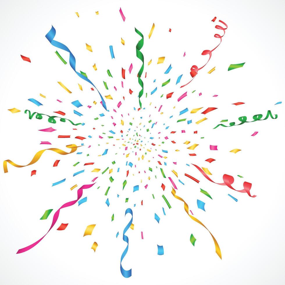 Colorful confetti and serpentine ribbons falling from above. Streamers, tinsel seamless frame border background in simple flat cartoon modern style. vector