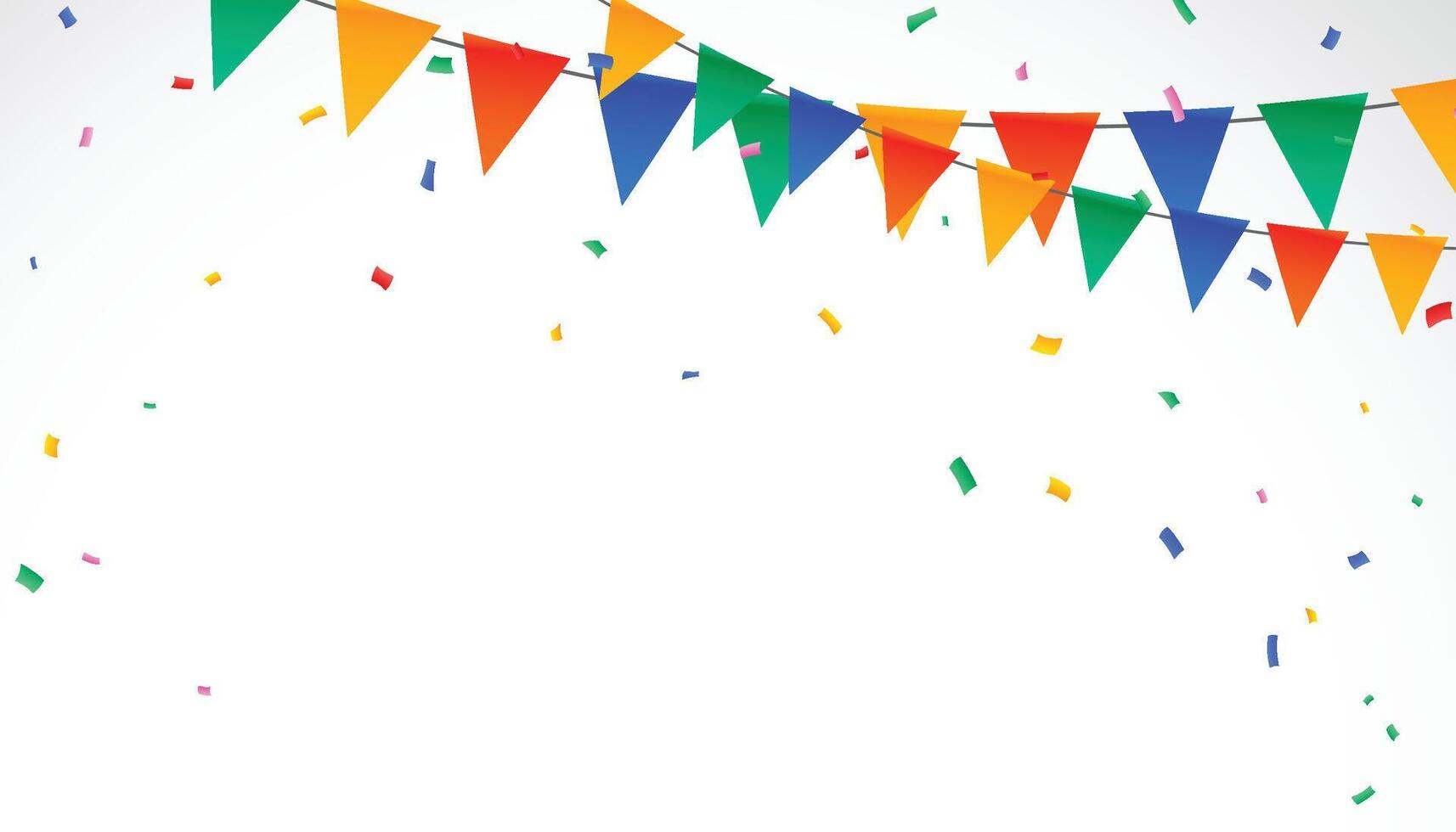 Festive flag garlands with confetti, streamer ribbons illustration. Triangle buntings, serpentine in simple flat style, on white background. Carnival, birthday, circus party design decoration. vector