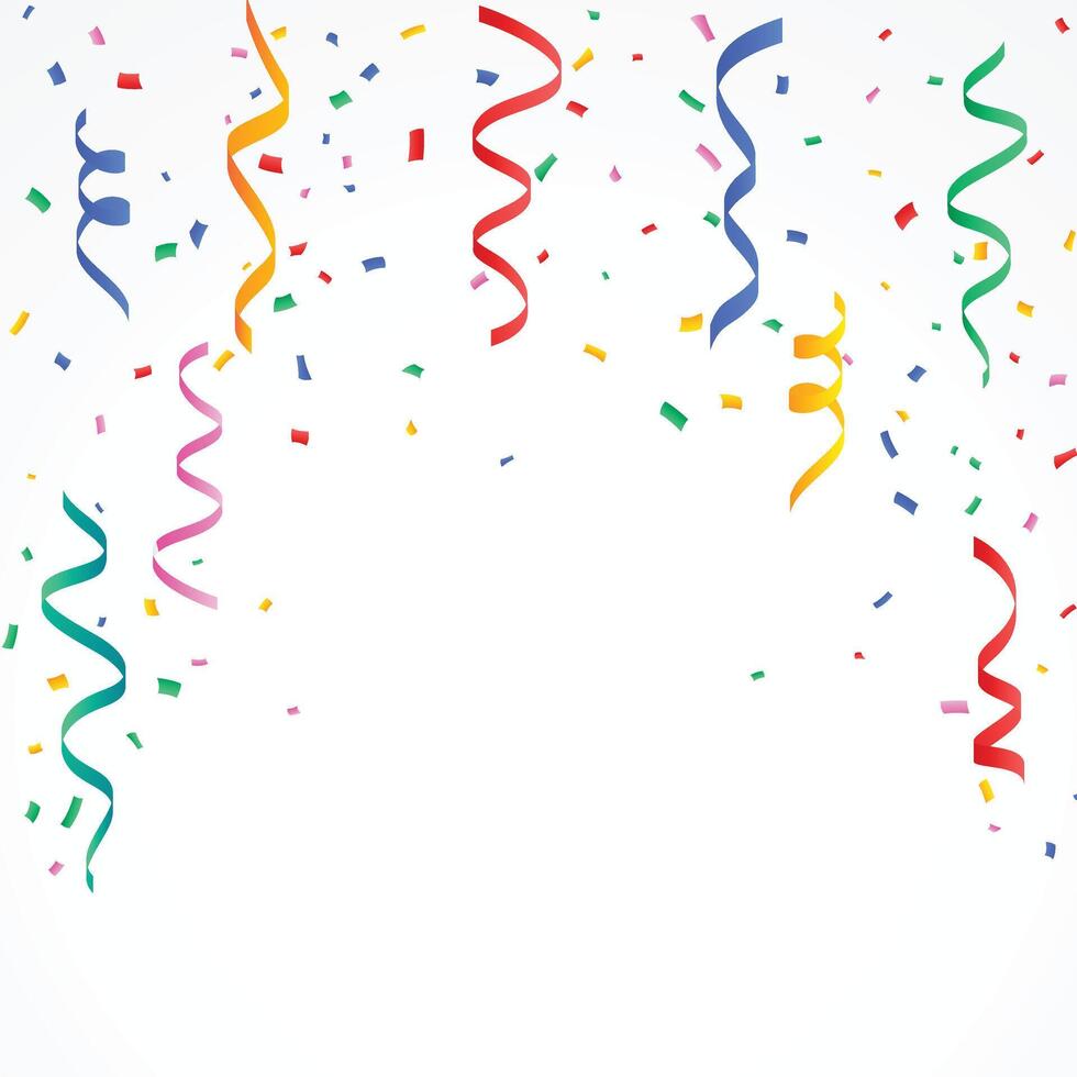 Colorful confetti and serpentine ribbons falling from above. Streamers, tinsel seamless frame border background in simple flat cartoon modern style. vector