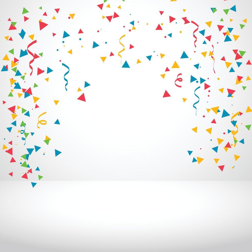 Colorful confetti and serpentine ribbons falling from above. Streamers, tinsel seamless frame border background in simple flat cartoon modern style. vector