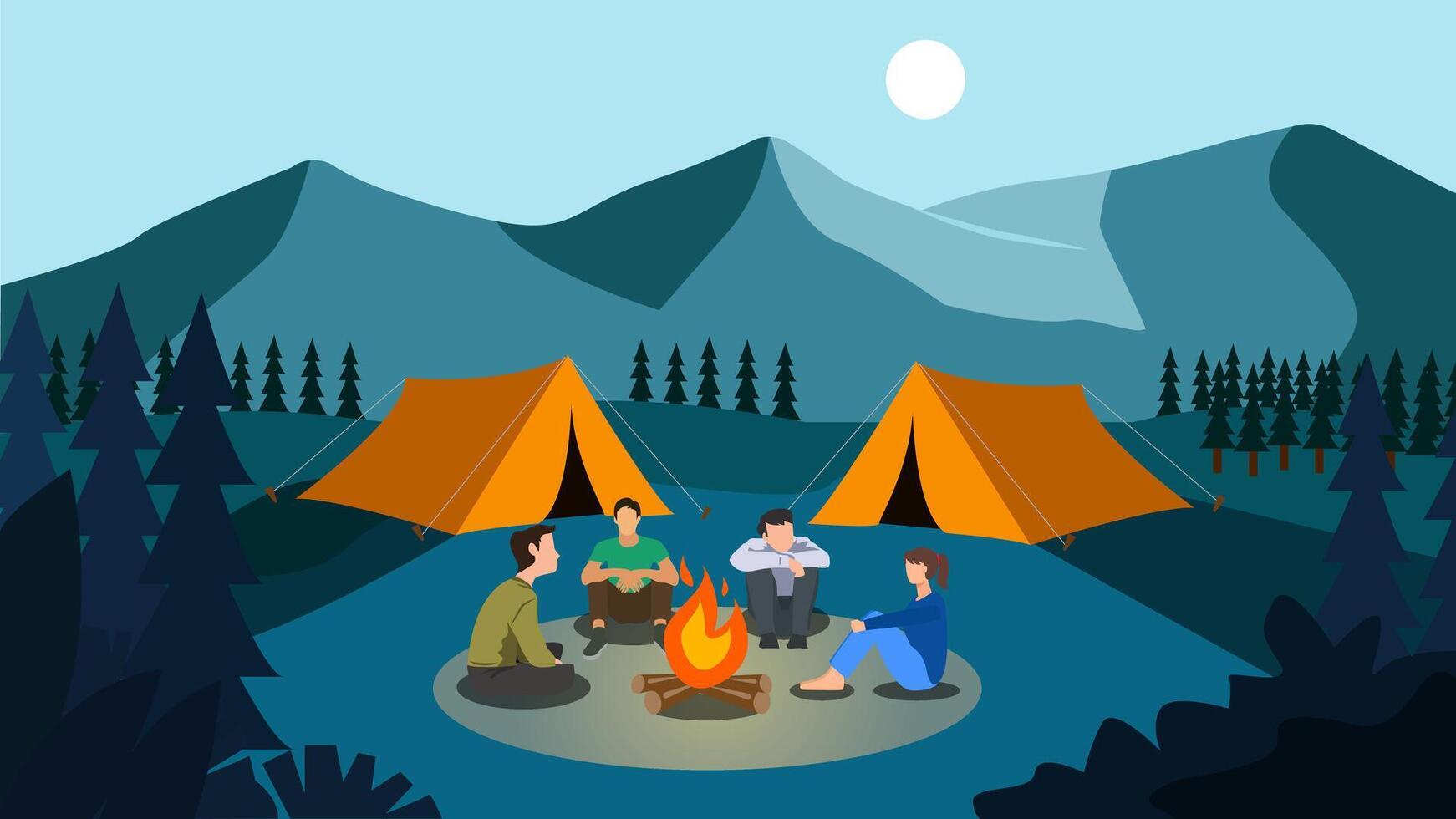 Camp illustration landscape background on the night. people gathered in front of a bonfire vector