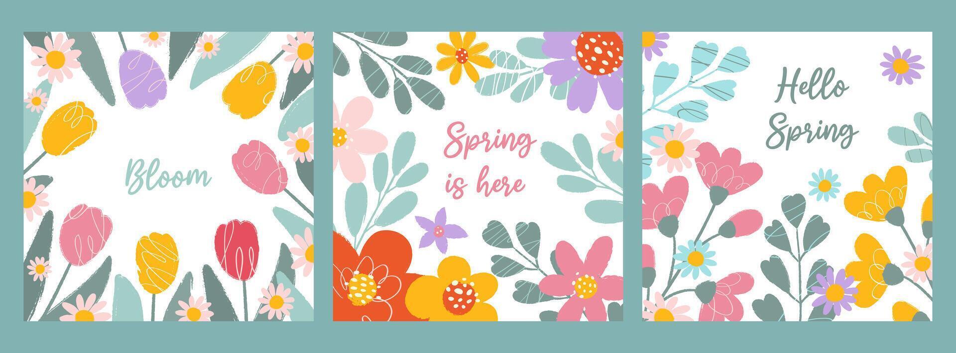 Set 3 floral festive square cards on white background with typography in flat style. Springtime concept. Hand drawn flowers and leaves. Grunge textures, scribbles, pencil strokes and rough edges. vector