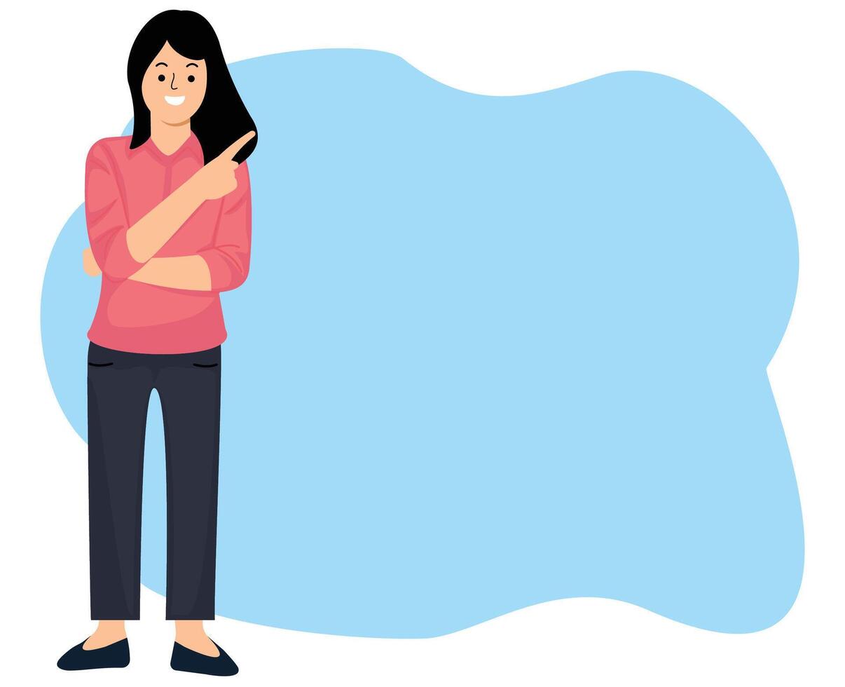 portrait woman smiling standing showing finger to blank space for promotion or advertisement concept vector