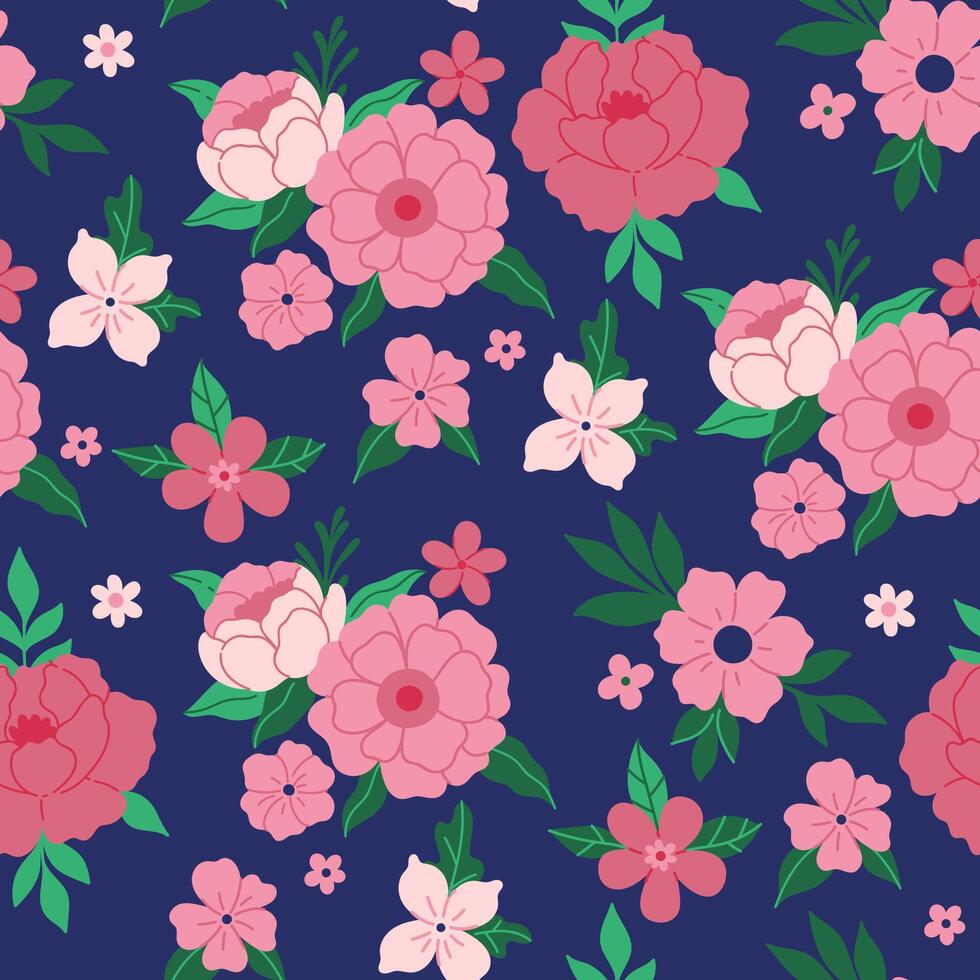 Seamless pattern of pink flowers on a blue background. graphics. vector