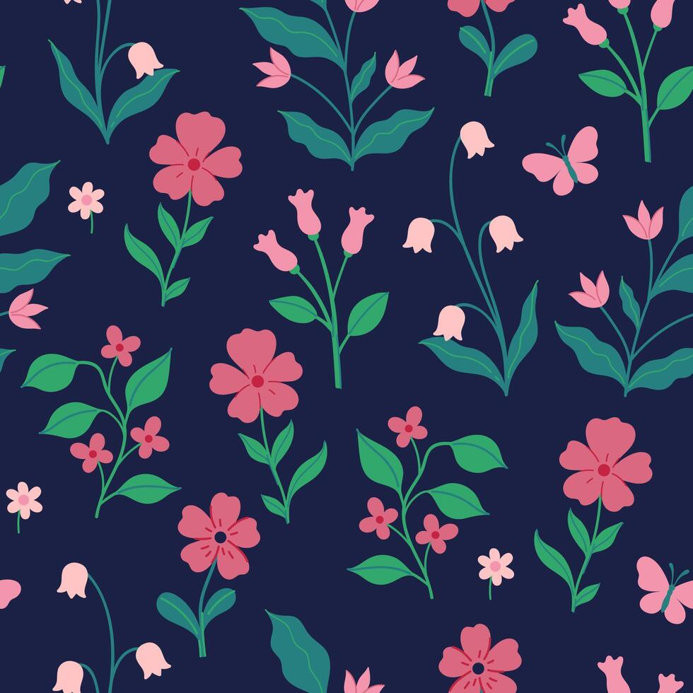 Seamless pattern of pink flowers on a blue background. graphics. vector