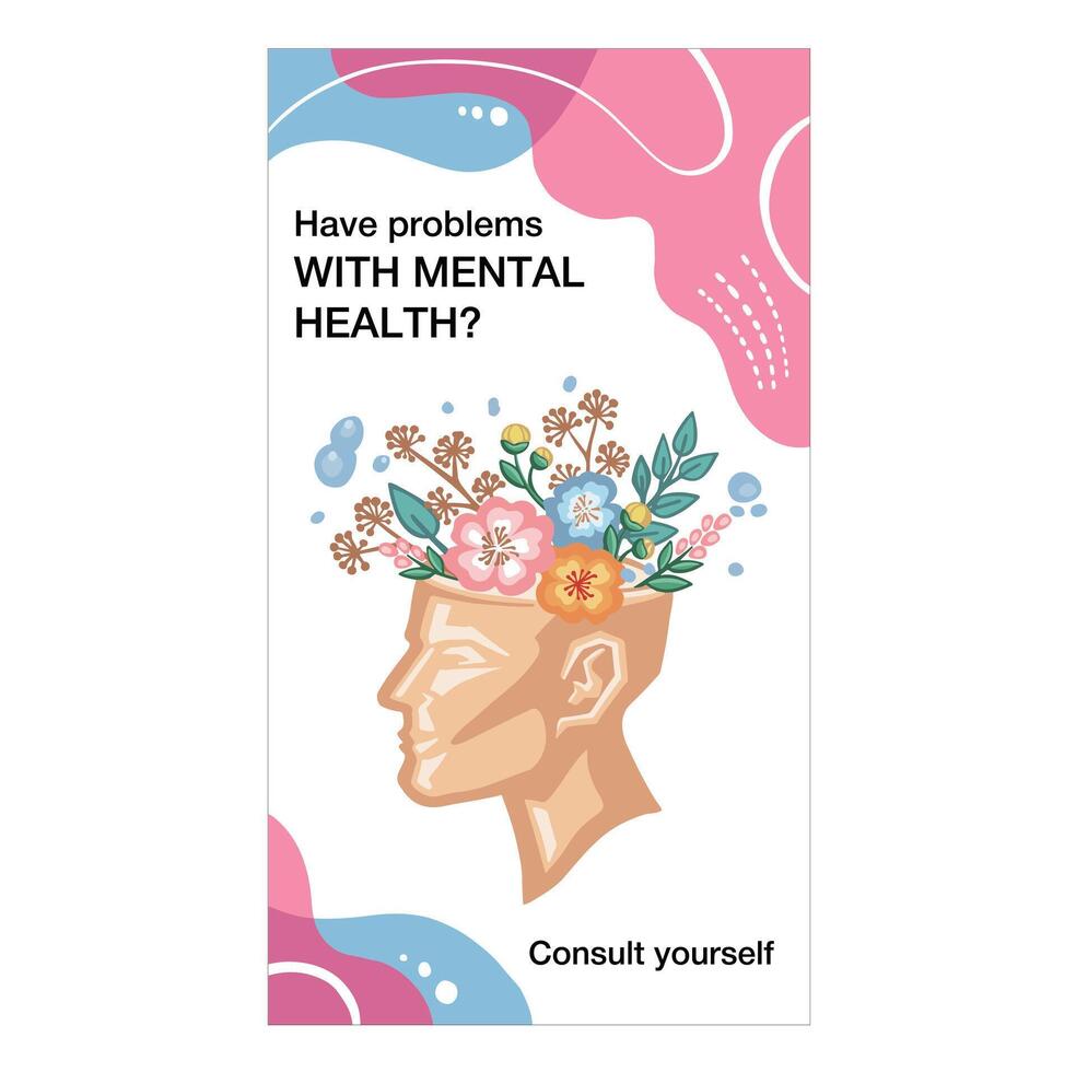 Banner mental health man blooming flowers, cartoon illustration vector