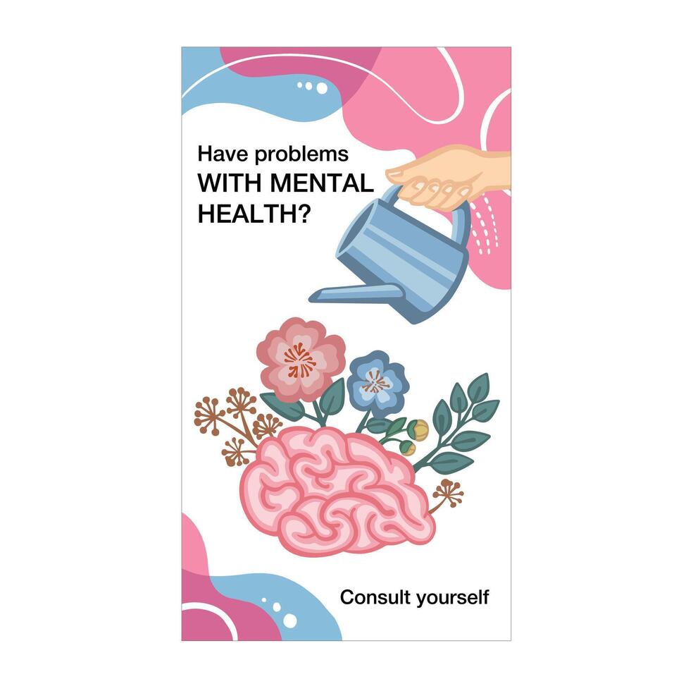 mental health, brain watered from a watering can banner illustration vector