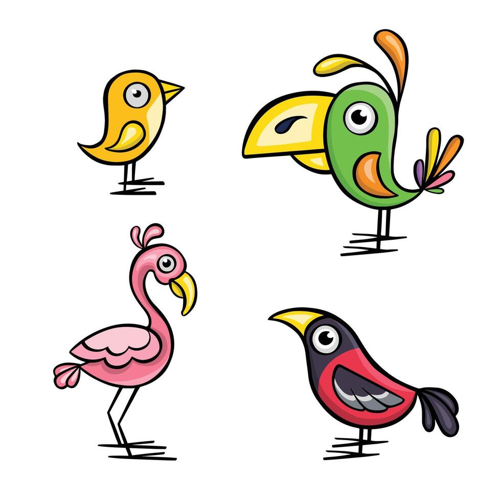 set of small funny birds, conures, parrots cartoon, illustration drawn by hand vector