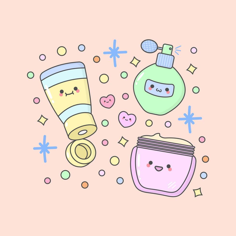 skincare bodycare lotion parfume moisturizer with cute facial expressions and pastel colour vector