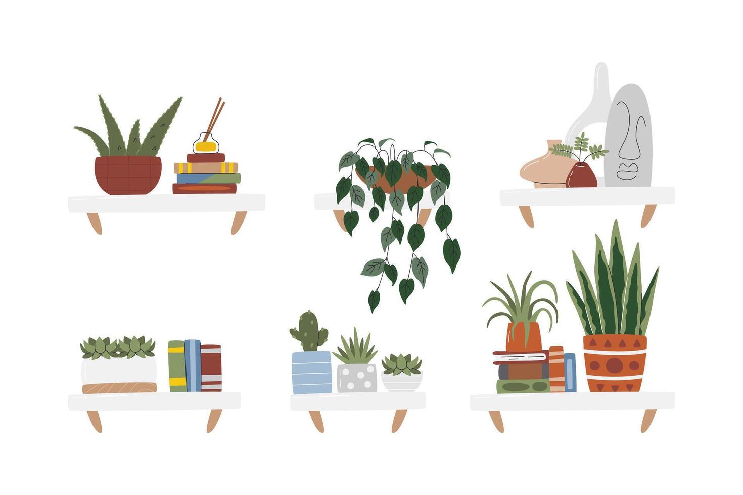 plantas conjunto aislado en blanco. medio siglo hogar decoración recopilación. libros, difusor con aceite, esculturas y plantas de interior en colgando estantes. hogar interior decoración mano dibujado plano ilustración vector