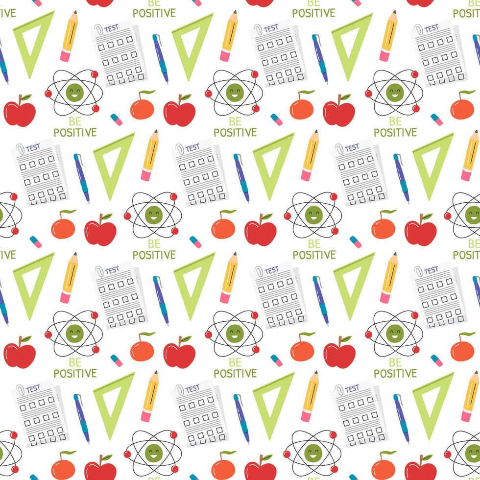 Back to school season drawing. Education seamless pattern isolated. Examen element print concept design. Supplies scrapbooking and wrapping paper. Physics subject hand drawn flat illustration vector