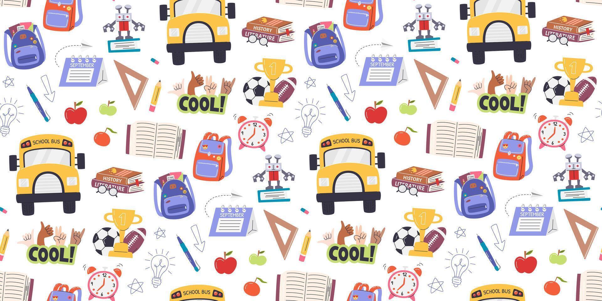 Back to school seasonal horizontal repeating wallpaper. Cute school elements seamless pattern isolated on white background. Wrapping paper print design. Education hand drawn flat illustration vector