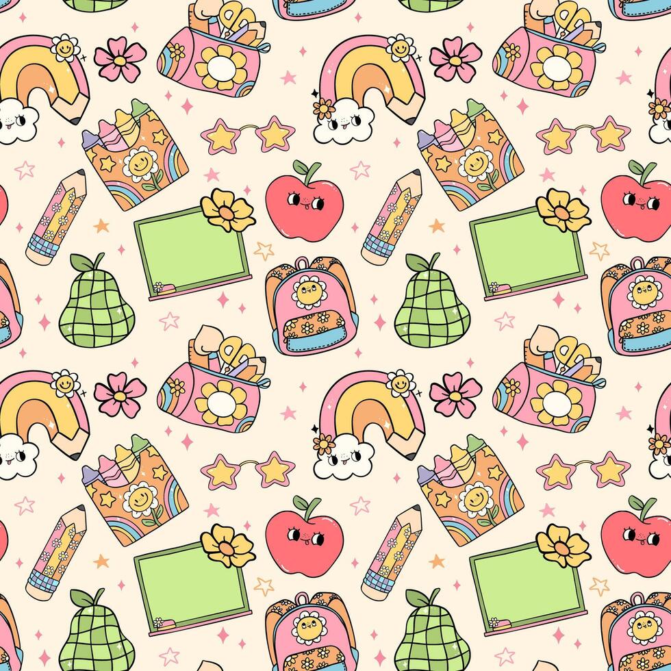 Back to school seamless pattern retro groovy trendy doodle drawing repeating isolated on background. vector