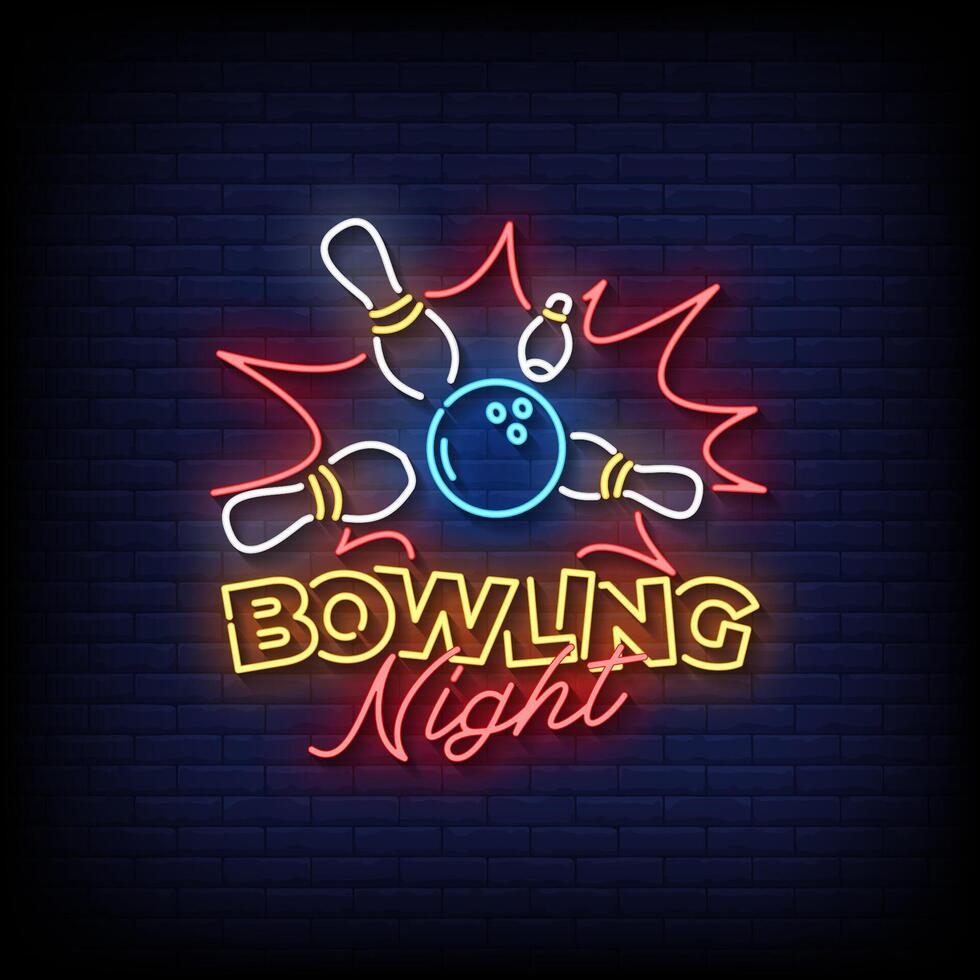 bowling night neon Sign on brick wall background vector