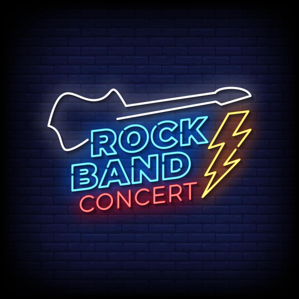 rock band concert neon Sign on brick wall background vector