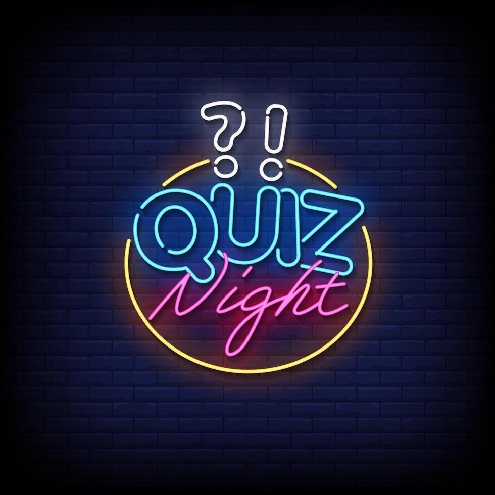 quiz night neon Sign on brick wall background vector