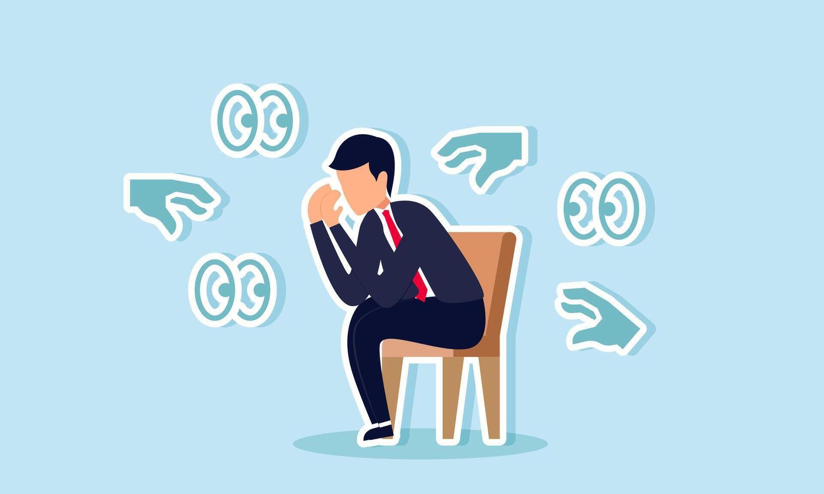 Paranoia, fear, and panic stem from mental health issues like phobia, disorder, depression due to stress and anxiety, concept of A paranoid businessman sits on a chair, haunted by eerie hands and eyes vector