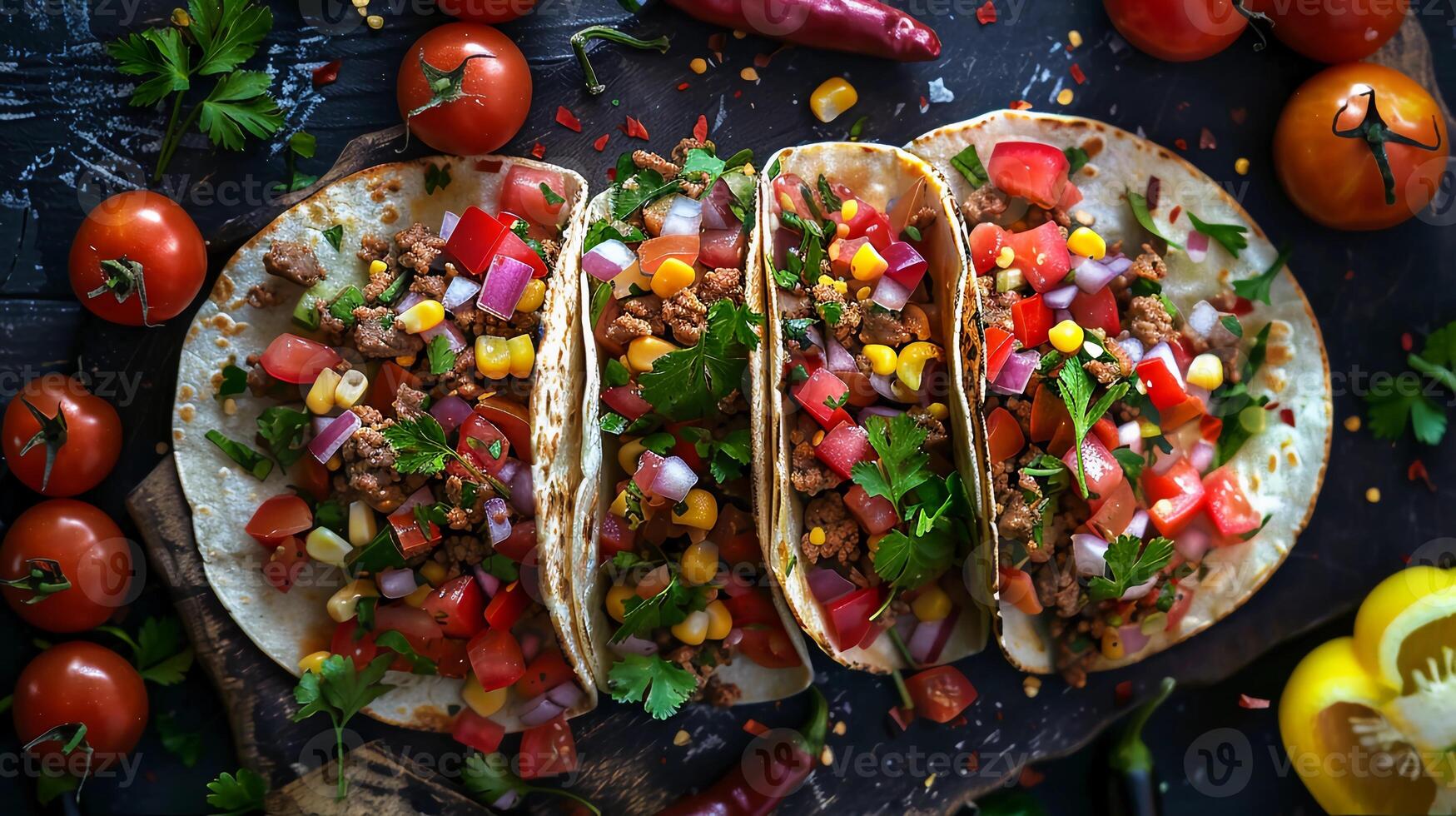 Mexican Tacos With Vegetables, Meat, Corn, And Fresh Herbs, On A Rustic Wooden Board. photo