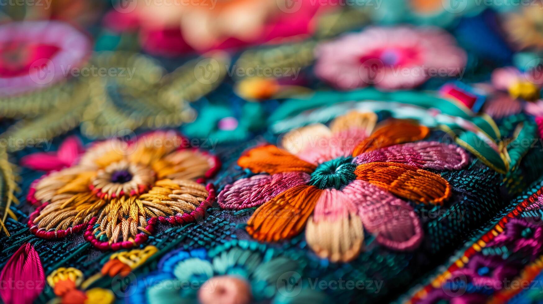 Close-Up Vibrant Handmade Embroidered Textile Displaying Multicolored Flowers, Detailed Stitchwork, Handcrafted Design, Suitable For Apparel And Home Decoration photo