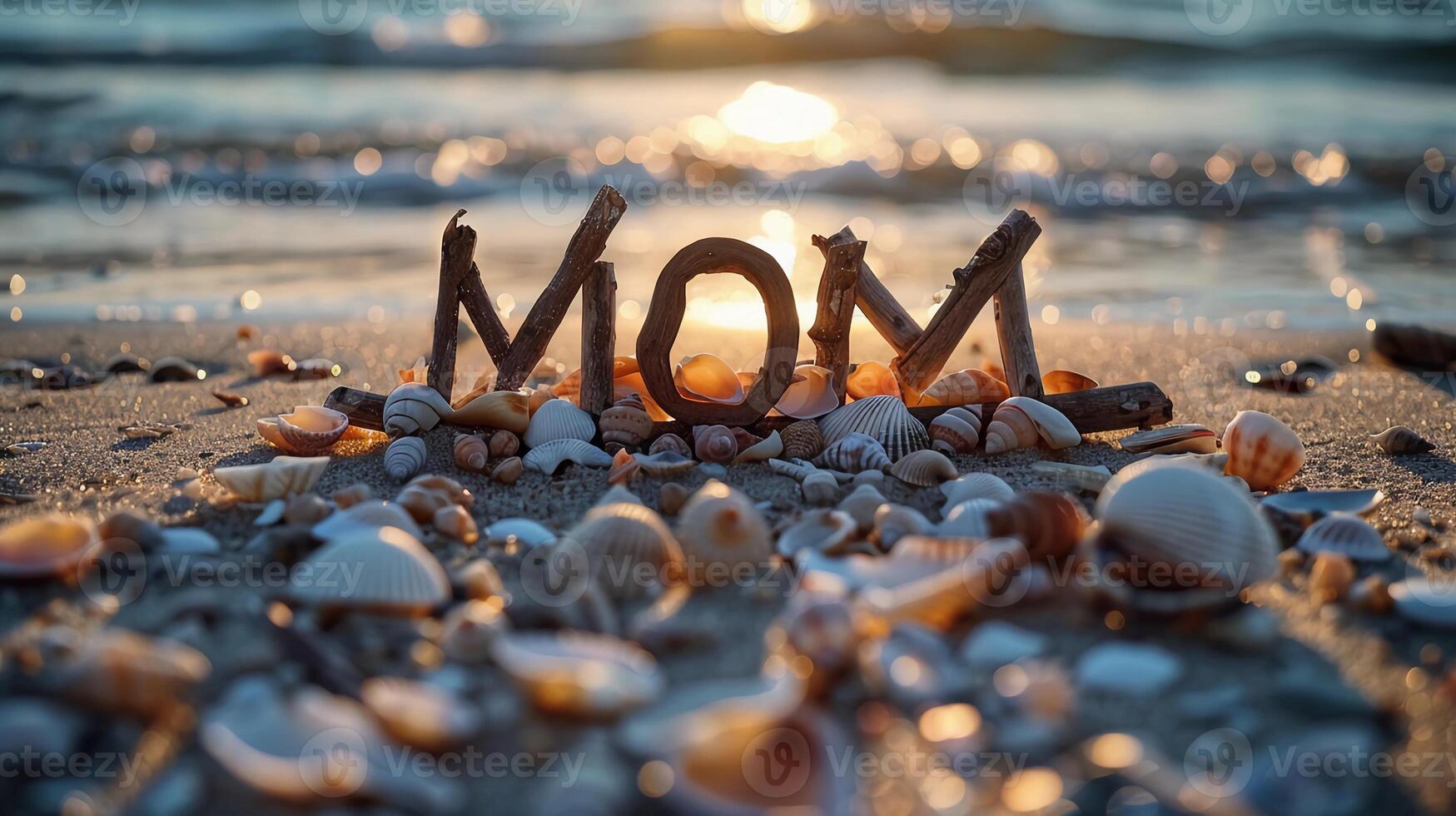 Word Mom arranged with sea stones and seashells on a sandy beach. Mother's Day banner. photo