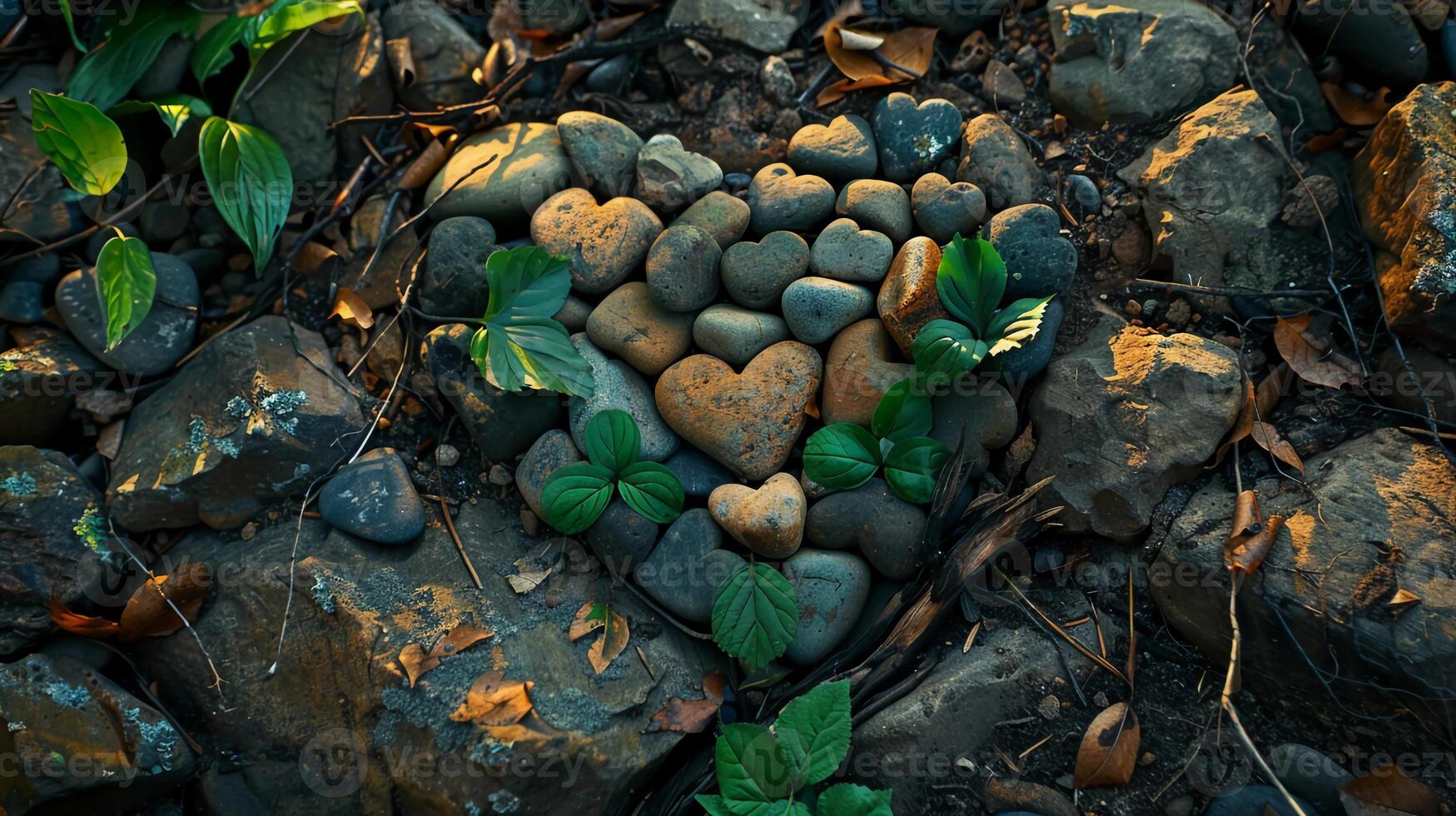 Heart Made from Stones, Green Leaves, and Twigs. Love for Environment, Earth Day. photo