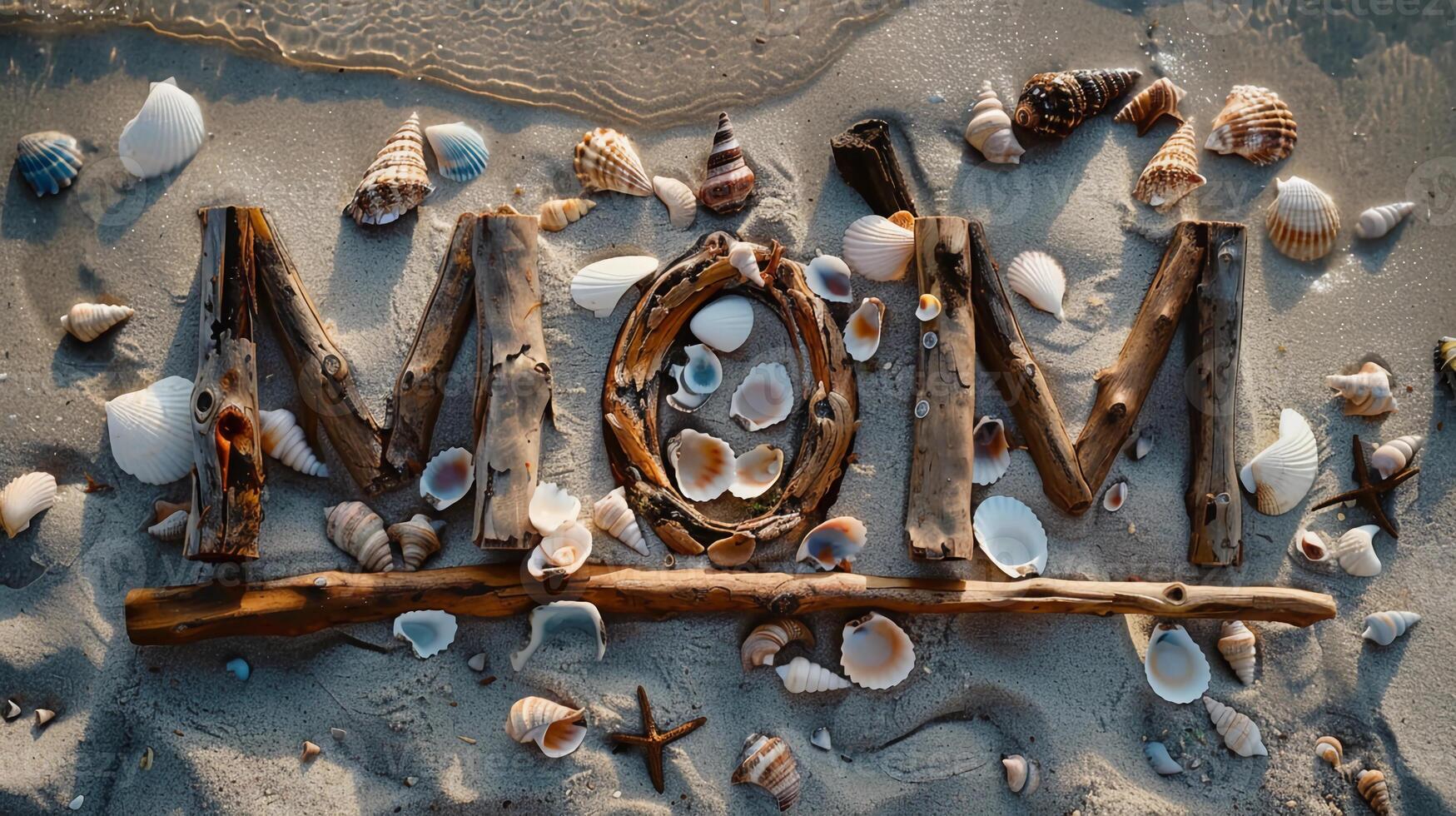 Word Mom arranged with sea stones and seashells on a sandy beach. Mother's Day banner. photo