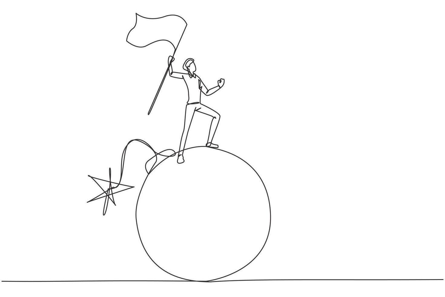 Single continuous line drawing of young businessman standing on large bomb with a burning fuse raising flag. Business danger near deadline. Time crisis management. One line design illustration vector