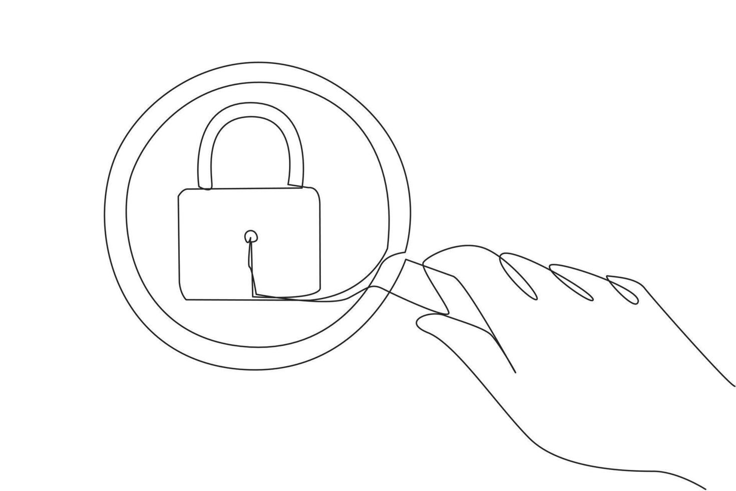 Single one line drawing big hand holding magnifying glass highlights the padlock. Security symbol. The modern era, security are the most important things. Continuous line design graphic illustration vector