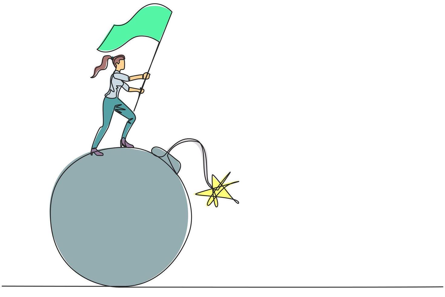 Continuous one line drawing of young businesswoman standing on large bomb with a burning fuse raising flag. Business danger near deadline. Time crisis management. Single line draw design vector