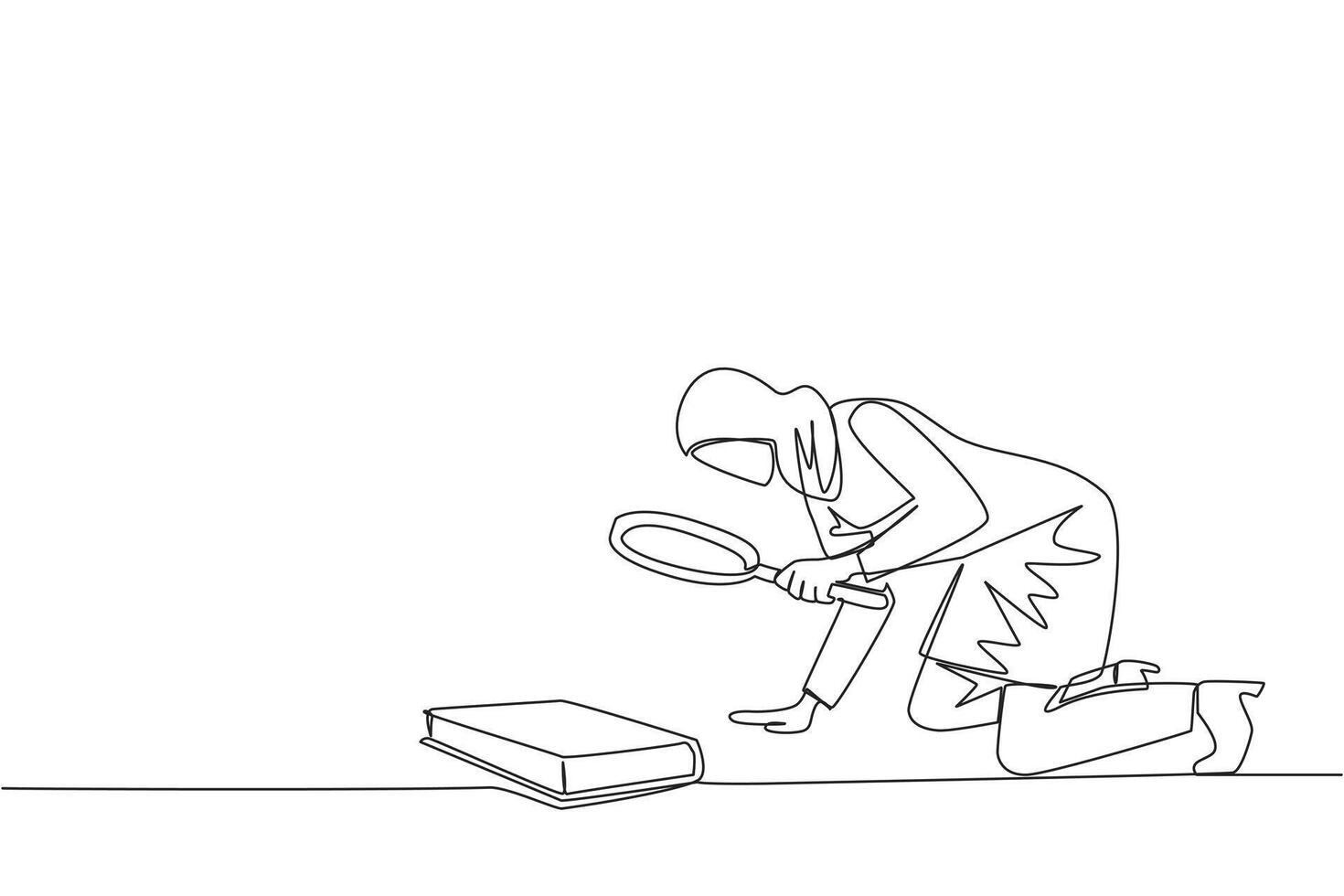 Single one line drawing of Arabian businesswoman holding magnifying glass looking at book. Looking for knowledge about franchising from a scientific study book. Continuous line graphic illustration vector