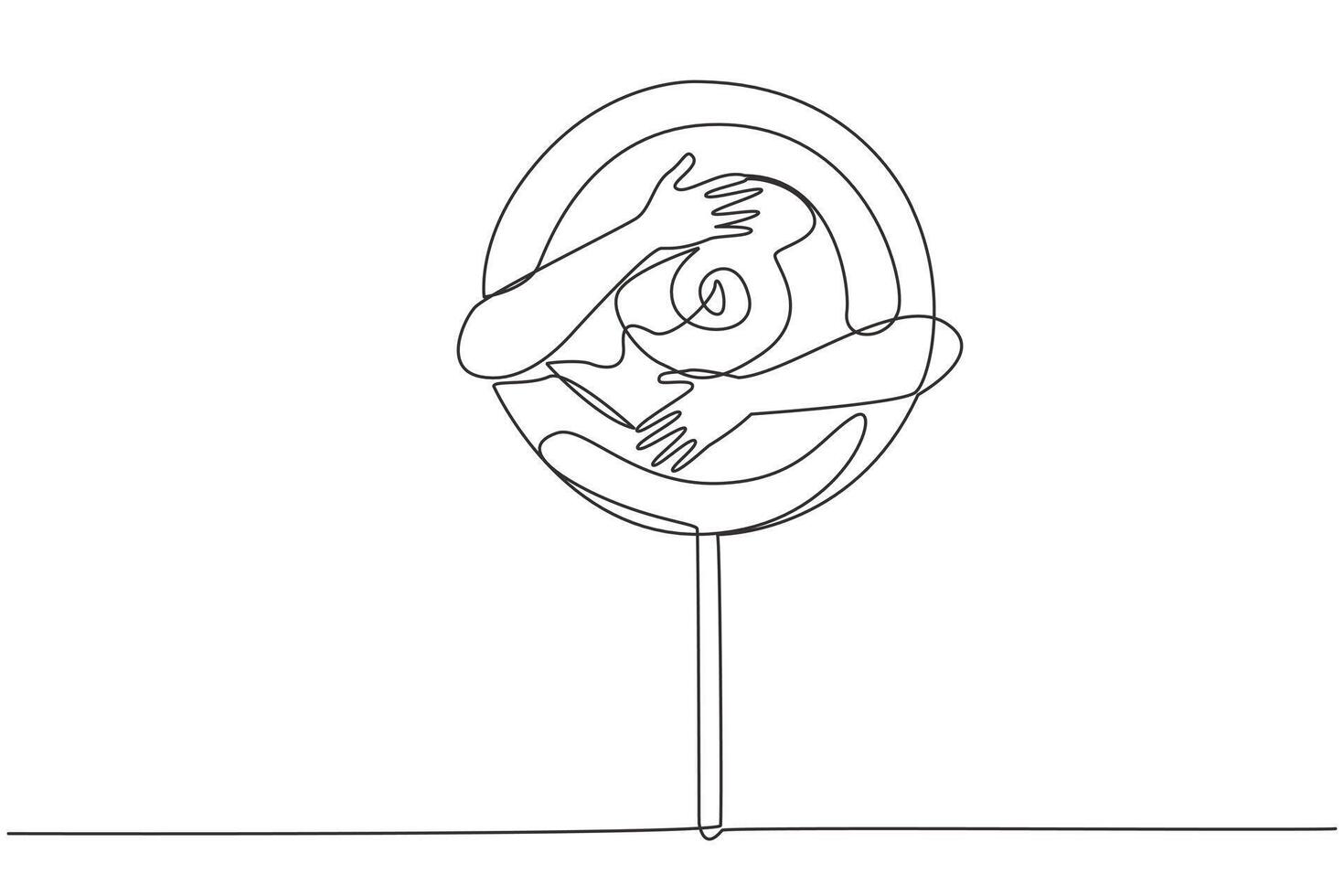 Continuous one line drawing human hands hugging lollipop. One of popular snacks that have sweet taste with colorful colors. Has a distinctive shape because has a stalk. Single line draw design vector