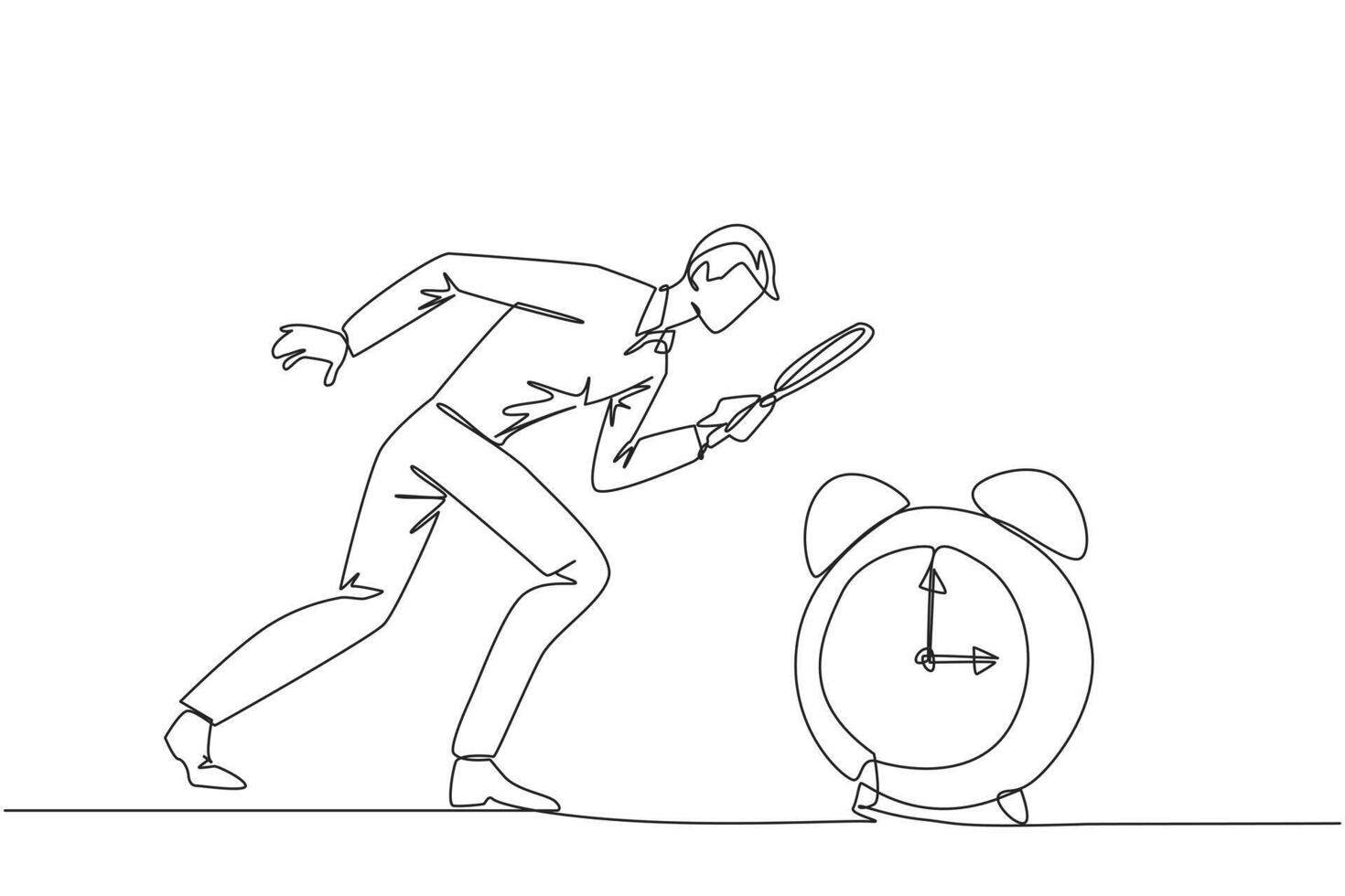 Continuous one line drawing of businessman holding magnifying glass looking at alarm clock. Super busy businessman, always working overtime. Workaholic. Single line draw design illustration vector
