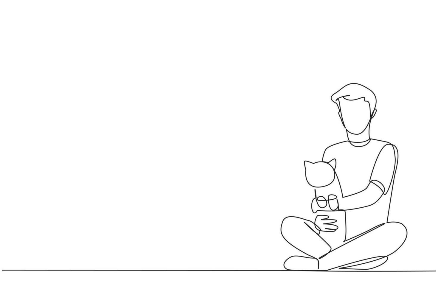 Single one line drawing of young energetic man sitting cross-legged hugging a little cat. Loving her pet cat is like loving other family members. Animal lovers. Continuous line graphic illustration vector