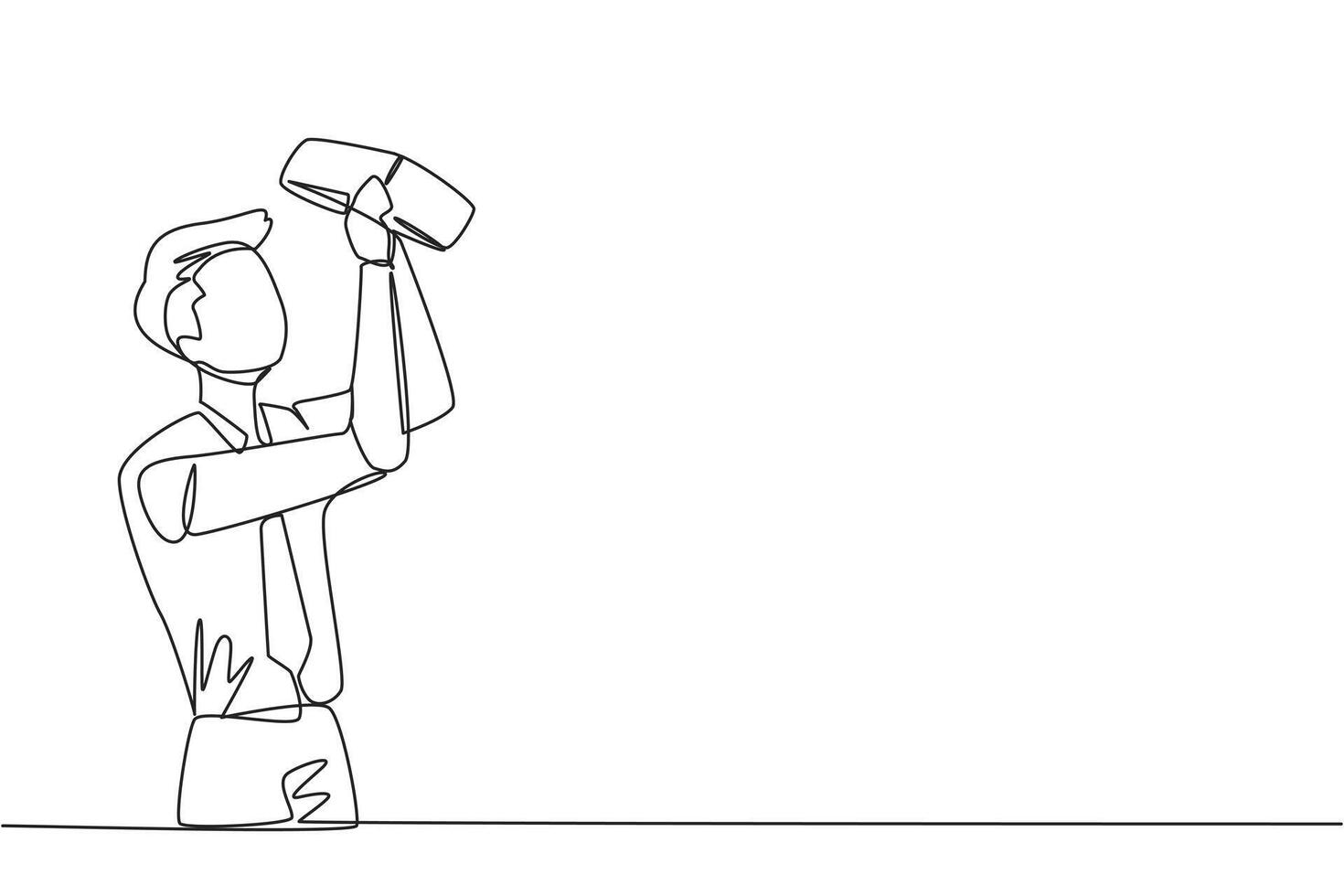 Single continuous line drawing of businessman stood holding and turning an empty wallet. Man who go bankrupt in running a business. Don't have any money at all. One line design illustration vector