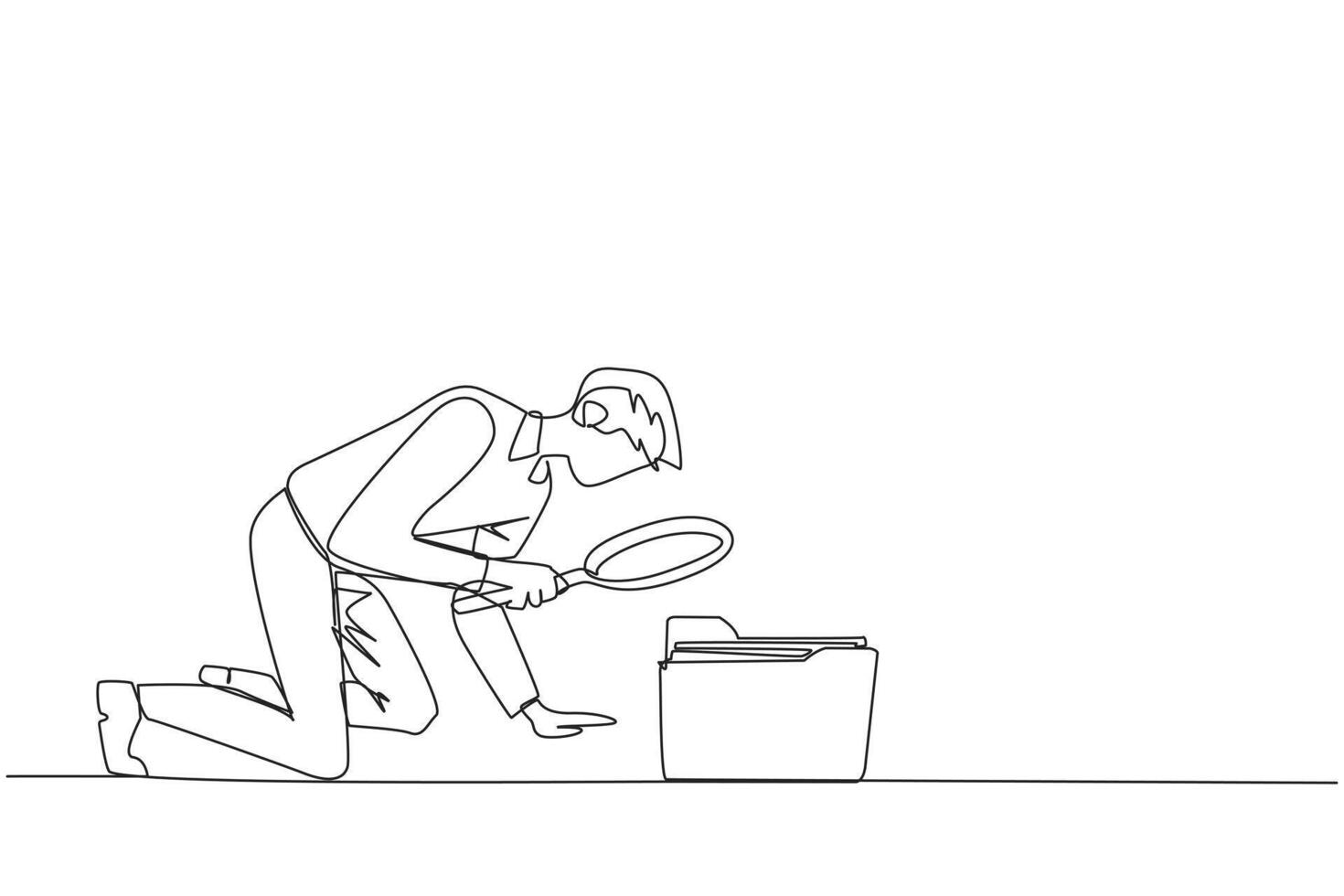 Single one line drawing of businessman holds magnifying glass highlighting folder icon. Look for old files are still important to move to a safer place. Continuous line design graphic illustration vector