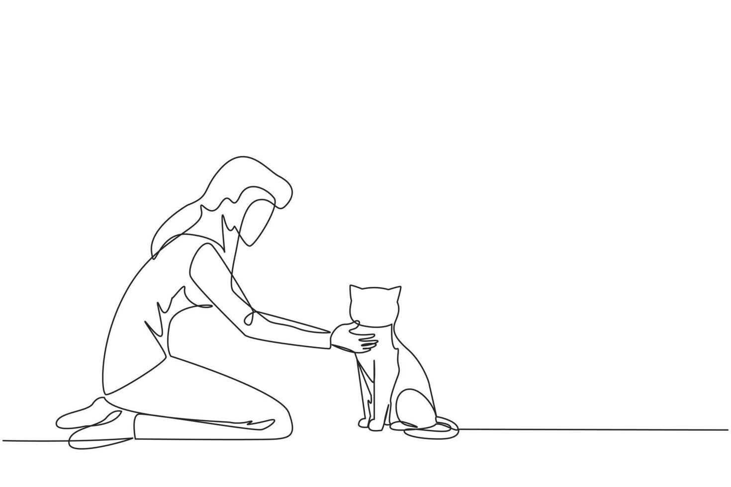 Single one line drawing of young beautiful woman hugging her little cat. While kneeling, he put his cute cat on the floor while stroking it on the neck. Continuous line design graphic illustration vector