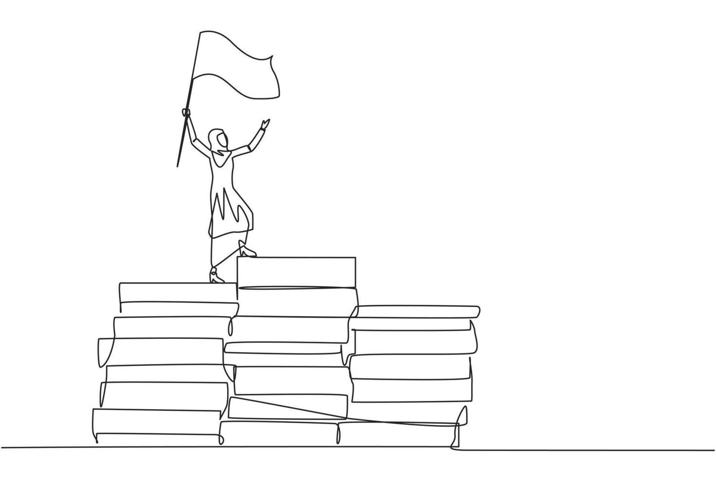Single continuous line drawing of Arabian businesswoman standing on piles of paper document raising flag. Create business plan with lots of data. Winner even though there is a lot of work. One line vector