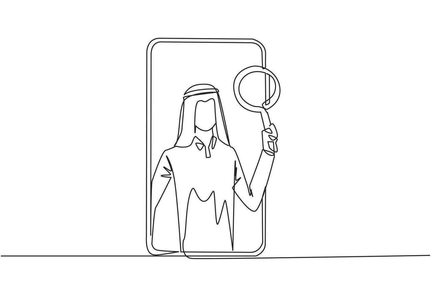 Continuous one line drawing Arabian businessman came out of smartphone screen holding magnifier. Utilizing internet technology on smartphones to promote business abroad. Single line draw design vector