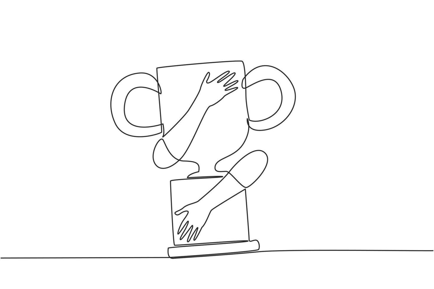 Single one line drawing of hands hugging trophy. Grasp the victory after a long struggle in running a new startup business. Smart business concept to develop company during pandemic. Continuous line vector