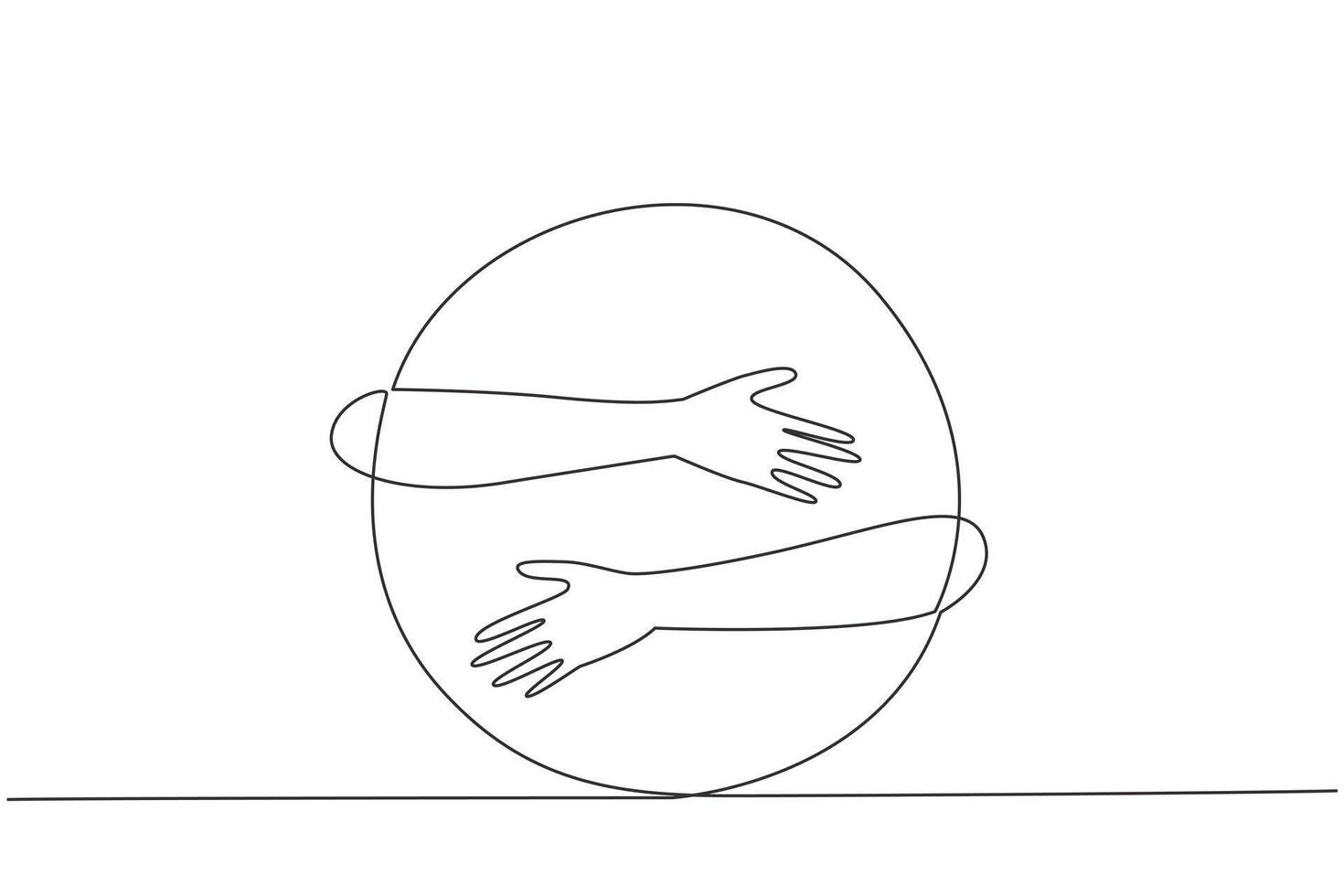 Single continuous line drawing of human hands hugging circle. Passion in creating innovative logo. Shape that can be developed based on the basic circular pattern. One line design illustration vector